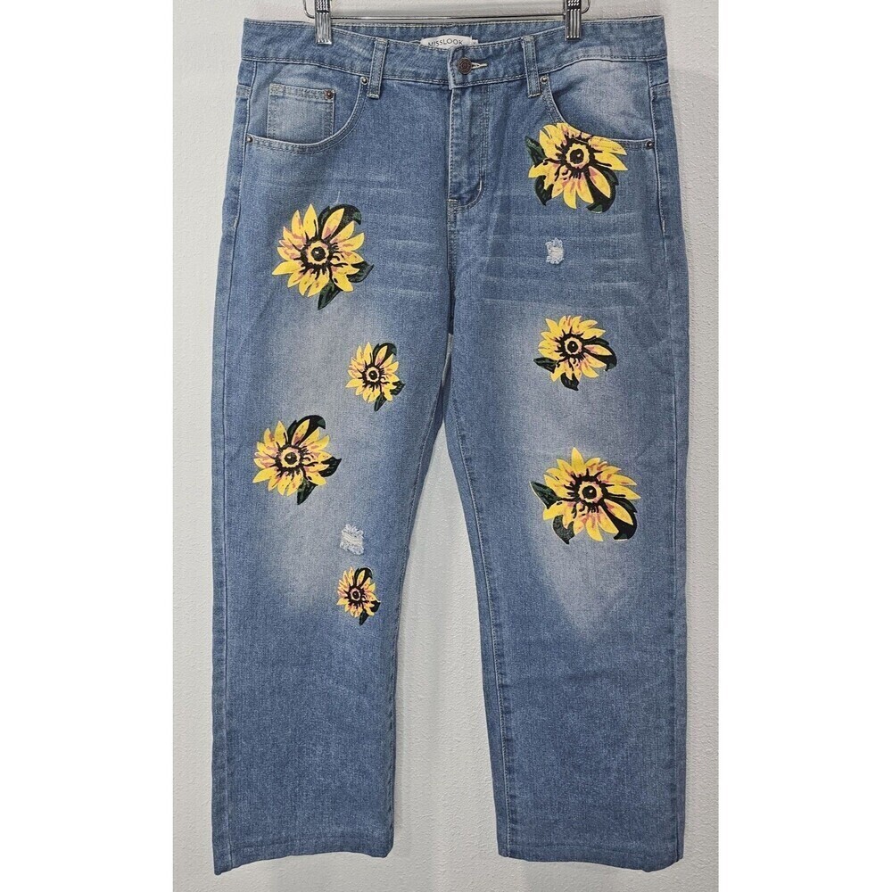 Misslook Sunflower Sz XL Jeans Anthropologie Hippie Boho Blue Distressed Denim - Picture 1 of 11